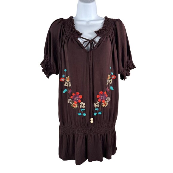 Rampage floral embroidered smocked jersey knit peplum hem tunic sz S - Picture 1 of 5